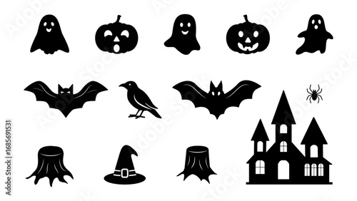 Vector icons for Halloween celebration. Isolated silhouettes of pumpkins, ghosts, spider, building, crow, bat, stumps and hat on white background.