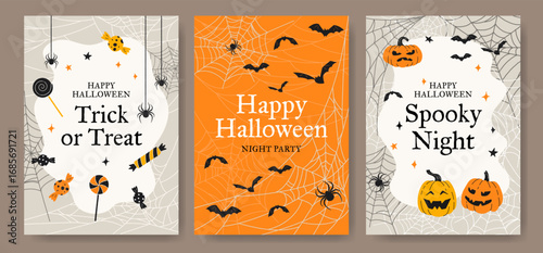 Happy Halloween card templates. Set of cute vector cartoon style cards with candy, pumpkins, spiders, bats, and spider webs. Trendy flat lay design