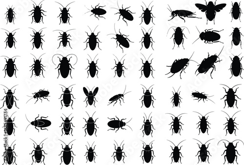 Cockroach Insect Black Silhouette Icon Vector Set Pest Control Cockroach Silhouette Design Symbol Collection