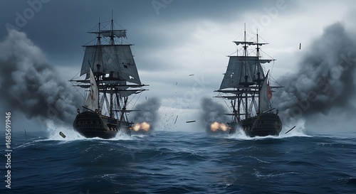 Epic Naval Cannon Battle Between Two 18th Century Warships on Stormy Sea.