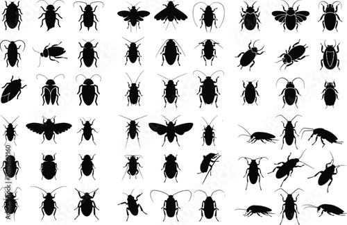Cockroach Insect Black Silhouette Icon Vector Set Pest Control Cockroach Silhouette Design Symbol Collection