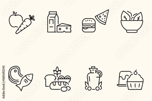 Minimalist Food Group Line Icons – Editable Stroke  Protein, Dairy, Vegetables, Fast Food, Baked Goods, Condiments & Healthy Options for Nutrition Apps, Menus, Education & Commercial Use


