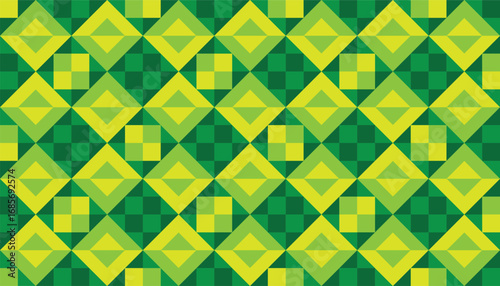seamless geometric pattern featuring a combination of triangles and rhombuses in varying shades of green and yellow. This type of pattern, particularly the rhombus-based design
