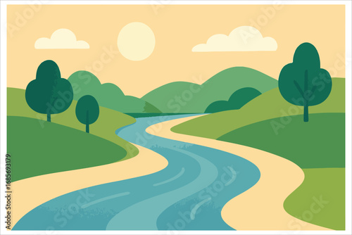 Scenic forest road with trees and hills