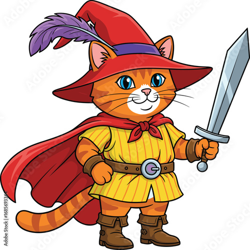 Cartoon Warrior Cat with Sword, Fantasy Adventure Character, Red Hat and Cape, Heroic Pose, Medieval Animal Vector Illustration for Kids