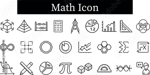 Collection of math icons including geometric shapes, graphs, calculator, abacus, pi symbol, dice, protractor, and more, isolated on transparent background