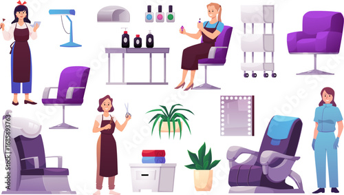 Set of beauty salon furniture, characters, equipment, cosmetics icons.