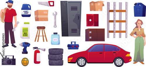 Garage interior vector flat set, car and repairman, auto mechanic service equipment, storage, tires, repair instrument