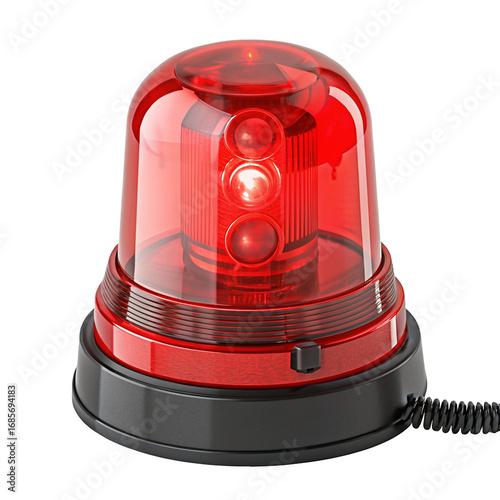 Red emergency warning light with black base isolated on white background for alert and safety use