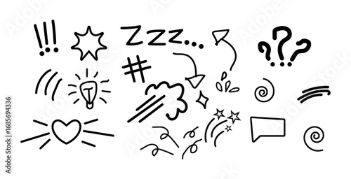 hand drawn manga style comic elements icon. Includes expressive faces, speech bubble, motion line, stars, lightning bolts icon. use in comics, graphic design, and animation project png and vector