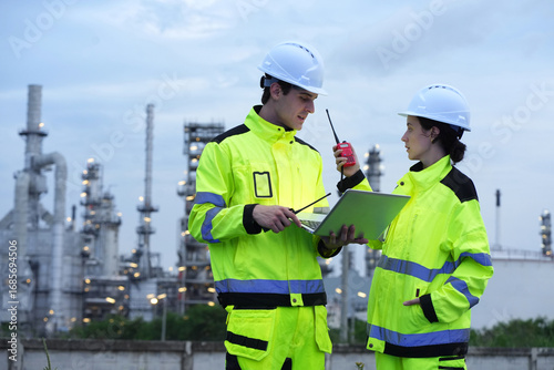 Petrochemical or refinery industry engineer working on laptop computer inspection petroleum oil refinery plant construction site. Engineering technician maintaining energy power gas system.