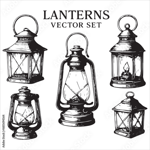 Vintage antique oil lamp lantern with glass and metal design isolated on white background