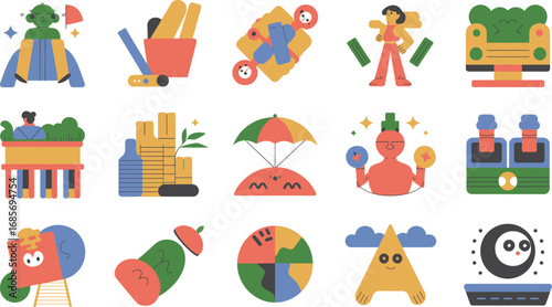 Vibrant and playful flat design icons representing diverse concepts like finance, travel, and creativity.