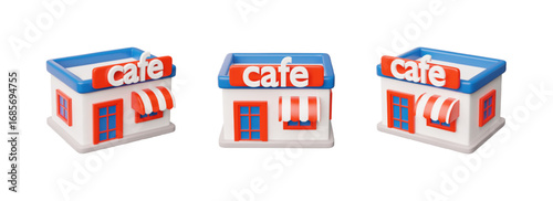 3D vector of cafe building with modern facade, signboard, awning, in red and blue colors, side view. Real estate, commercial services, business. Isolated icon. Illustration. Render.