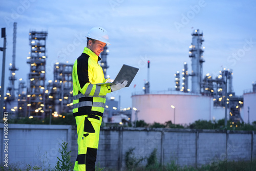 Fototapeta Petrochemical or refinery industry engineer working on laptop computer inspection petroleum oil refinery plant construction site