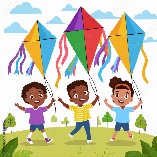 Three cheerful children of diverse ethnicities happily flying colorful kites in a park on a sunny day, showcasing childhood joy and outdoor fun