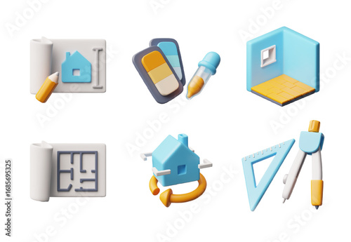 Interior and construction design 3D cartoon vector icons set, volume home silhouette, house architect developer service