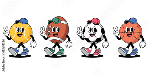 Anthropomorphic Sports Balls Walking with Peace Signs and Caps cartoon tennis ball