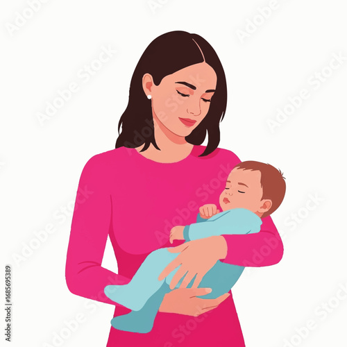 Minimalist Vector Illustration of Mother Holding Baby in Pink and Blue Colors in Modern Style