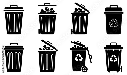 Vector art of collection of black silhouette trash cans and recycle bins for environmental awareness themes