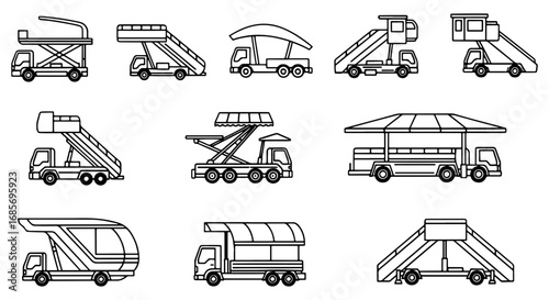 Vector art of silhouette collection of airport ground support equipment passenger boarding stairs, belt loader, catering truck