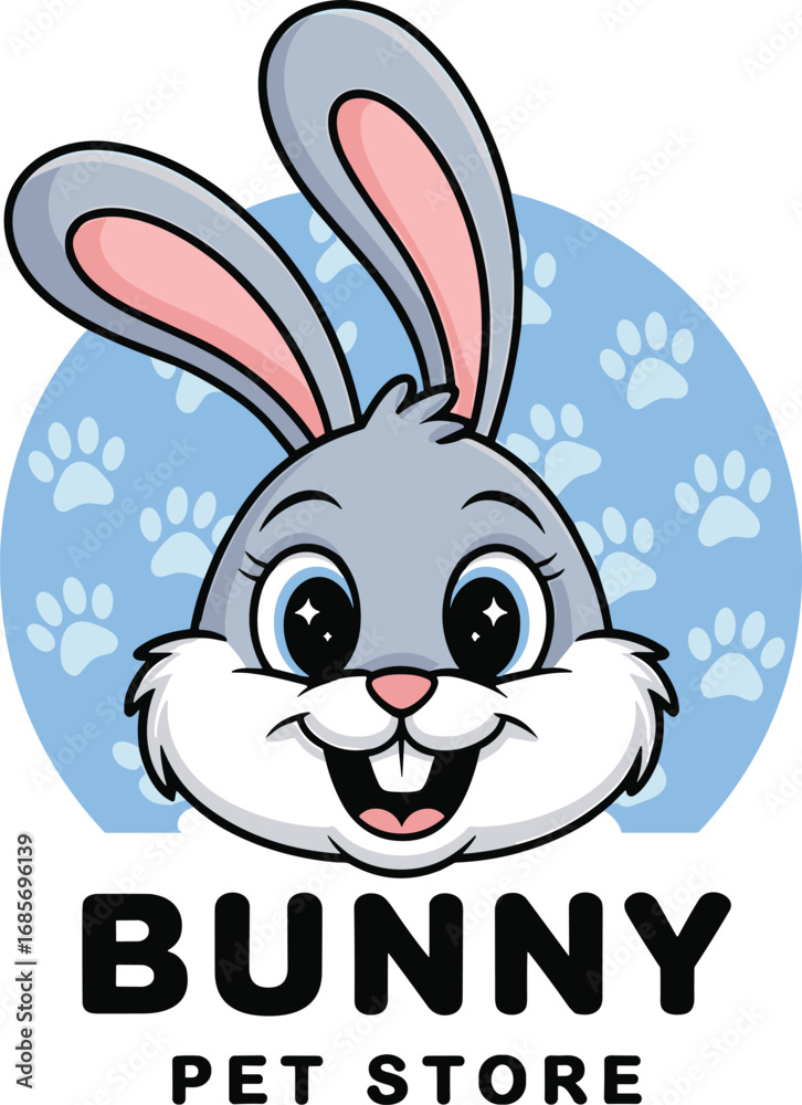 Obraz premium Cartoon bunny rabbit head logo for Bunny Pet Store with paw prints vector illustration