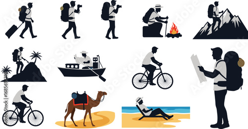 Adventure traveler vector set, hiking, cycling, photography, beach relaxing, boating, camping, map reading, mountain trekking, exploration icons