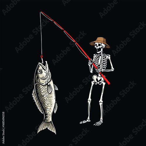 Skeleton fishing illustration depicting grim reaper undertaking angling activity on black background
