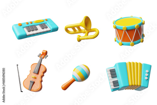 3D musical instruments set, synthesizer, drum, violin, trumpet, accordion, maracas.