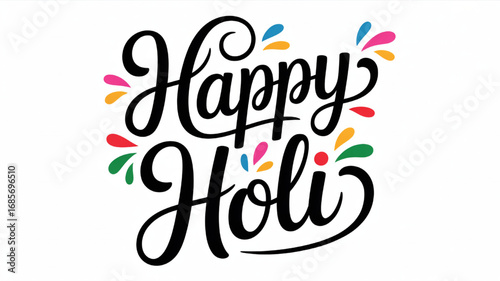 Vibrant "Happy Holi" text with colorful splashes, celebrating a joyous festival