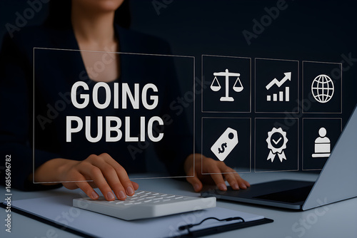 IPO concept with business going public financial dashboard on laptop for stock market launch