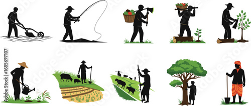 Farming and agriculture vector set, rural life, tree planting, fishing, harvesting, livestock care, traditional farming activities, village work
