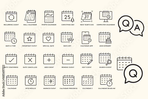 Essential Calendar & Event Line Icons – Editable Stroke  Minimalist Date, Schedule, Reminder, Holiday & Planner Symbols for UI/UX, Mobile Apps, Web Interfaces & Commercial Use
