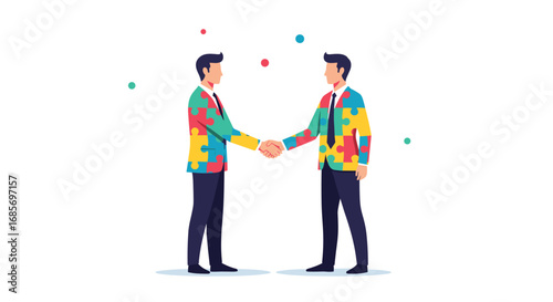 Two businessmen shaking hands wearing suits decorated with puzzle pieces symbolizing collaboration and partnership