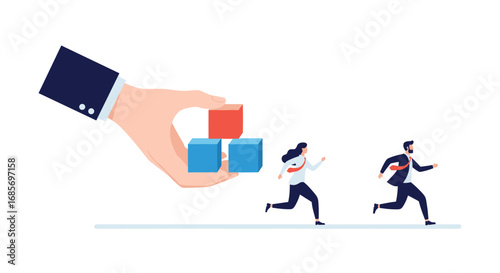 Giant hand placing building blocks over running business people illustrating strategy and planning