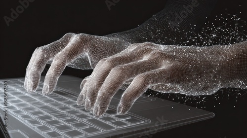 Hands typing on a keyboard, digital overlay