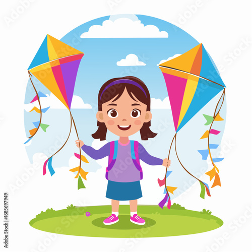 A happy young girl with a bright smile stands cheerfully outdoors, holding two vibrant, colorful kites, ready for an exciting day of play and adventure under the blue sky