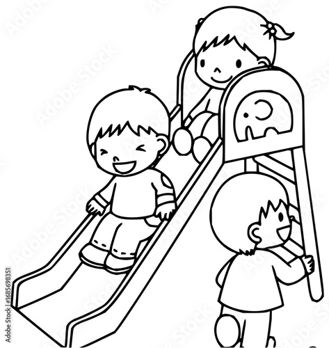 Joyful children gleefully sliding and climbing a playground slide creating happy memories