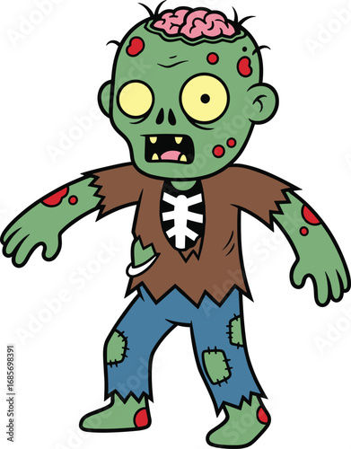 Cartoon zombie character with exposed brain, green skin, tattered clothes, humorous horror vector illustration for Halloween and spooky comic themes