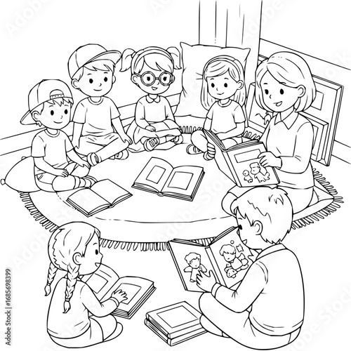 Joyful children gathered for story time with teacher, fostering imagination and learning