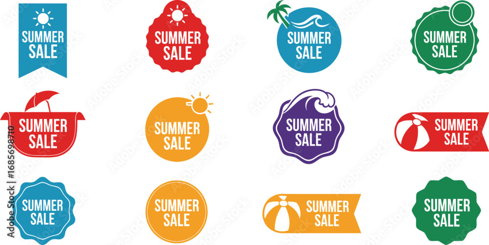 Obraz premium Summer Sale Badge Vector Set with Sun, Wave, and Beach Ball Icons