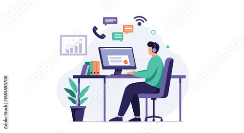 Business person working remotely online using computer and headphones