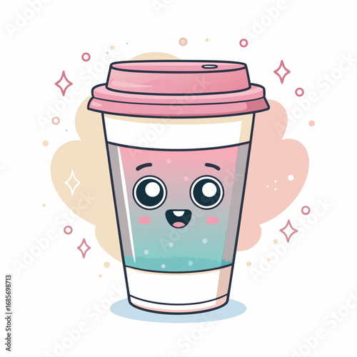 Cute coffee cup character with pink lid and smiling face illustration