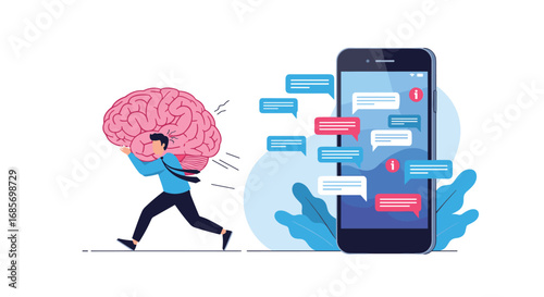 Man carrying a large brain away from a smartphone and notification bubbles