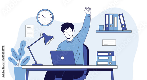Successful freelancer celebrating achievement working on laptop at desk