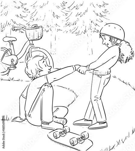 Two happy friends share a moment of connection outdoors with bikes and skateboards nearby
