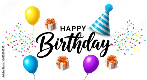 Happy birthday with balloons, gifts, and confetti isolated on white background