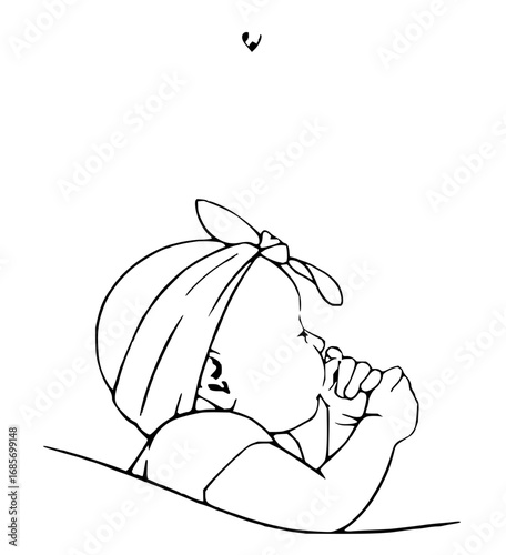 Sweet infant girl wearing bandana, thoughtfully sucking thumb, pure innocence captured in simple outline art