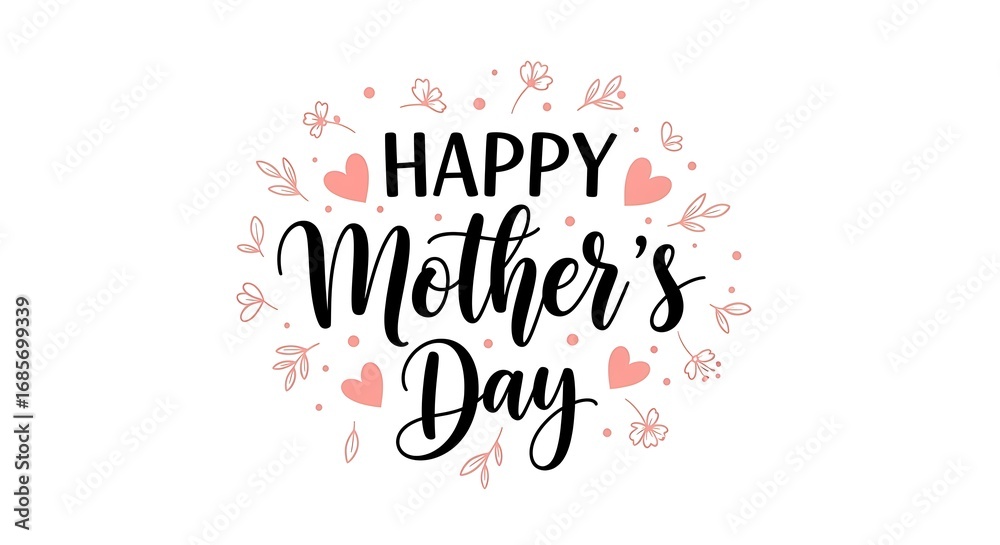 Naklejka premium Happy mothers day text with hearts and flowers isolated on white background