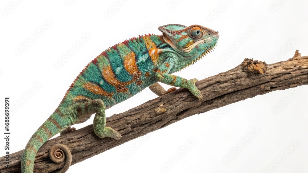 Obraz premium Panther Chameleon on Branch Vibrant Colors, Studio Photography, Reptile Portrait, Wildlife. Chameleon, Reptile